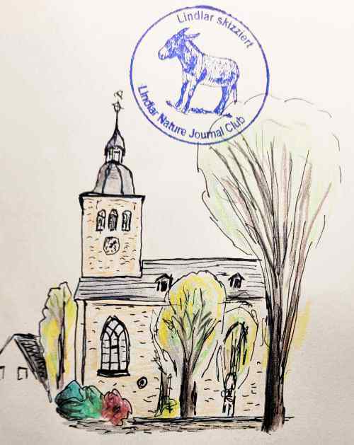 Skizze der Kirche St. Severin in Lindlar mit Lindlar skizziert Esel-Stempel. Text: Lindlar skizziert. Lindlar Nature Journal Club